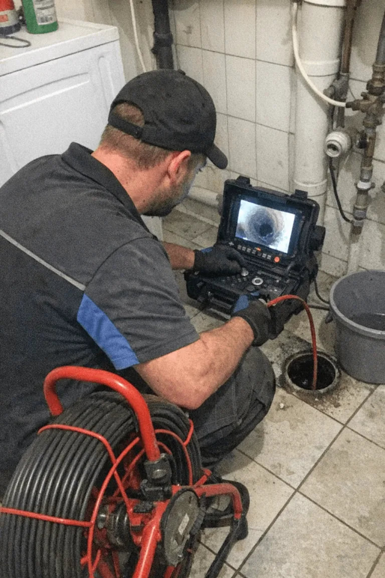 Ein Handwerker nutzt eine Kanalkamera für die genaue Inspektion vor der Abflussreinigung im Haus.