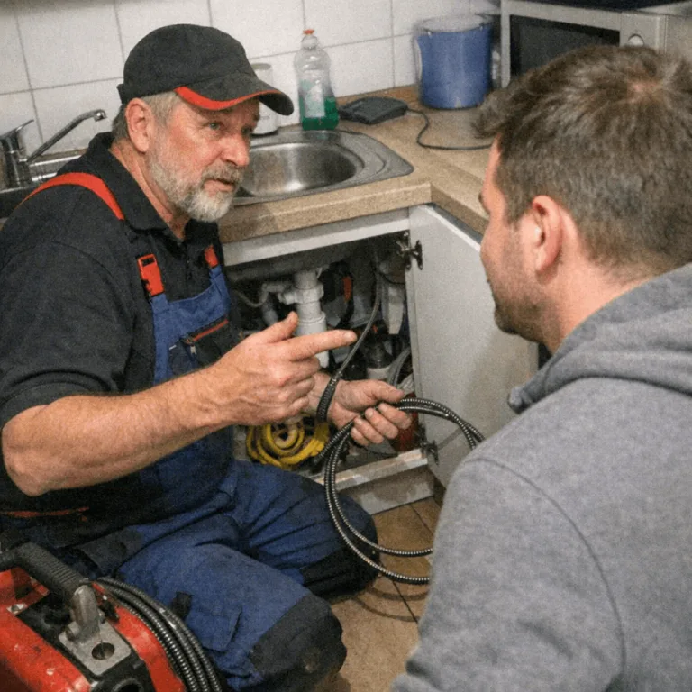 Erfahrener Installateur bespricht mit einem Kunden die Situation vor Ort in der Küche.
