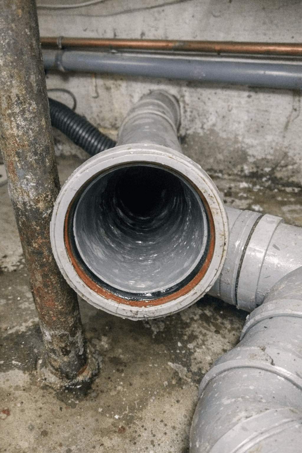 Sauberes Abflussrohr nach einer erfolgreichen Hochdruckspülung im Keller eines Einfamilienhauses.