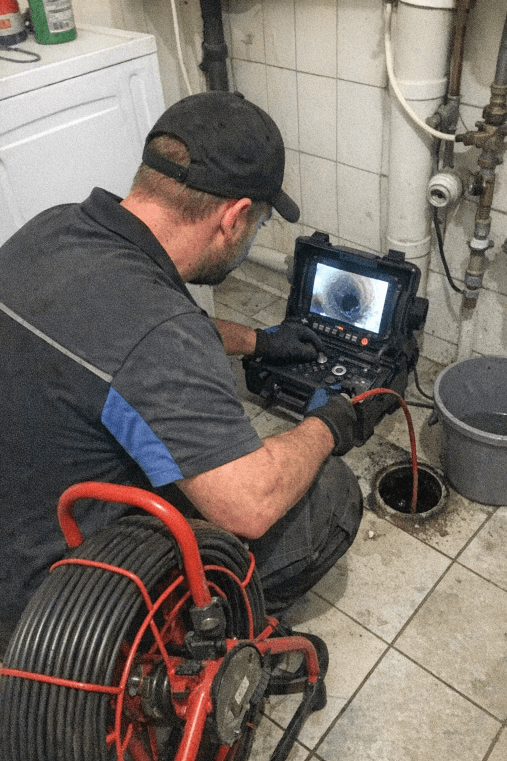 Ein Handwerker nutzt eine Kanalkamera für die genaue Inspektion vor der Abflussreinigung im Haus.